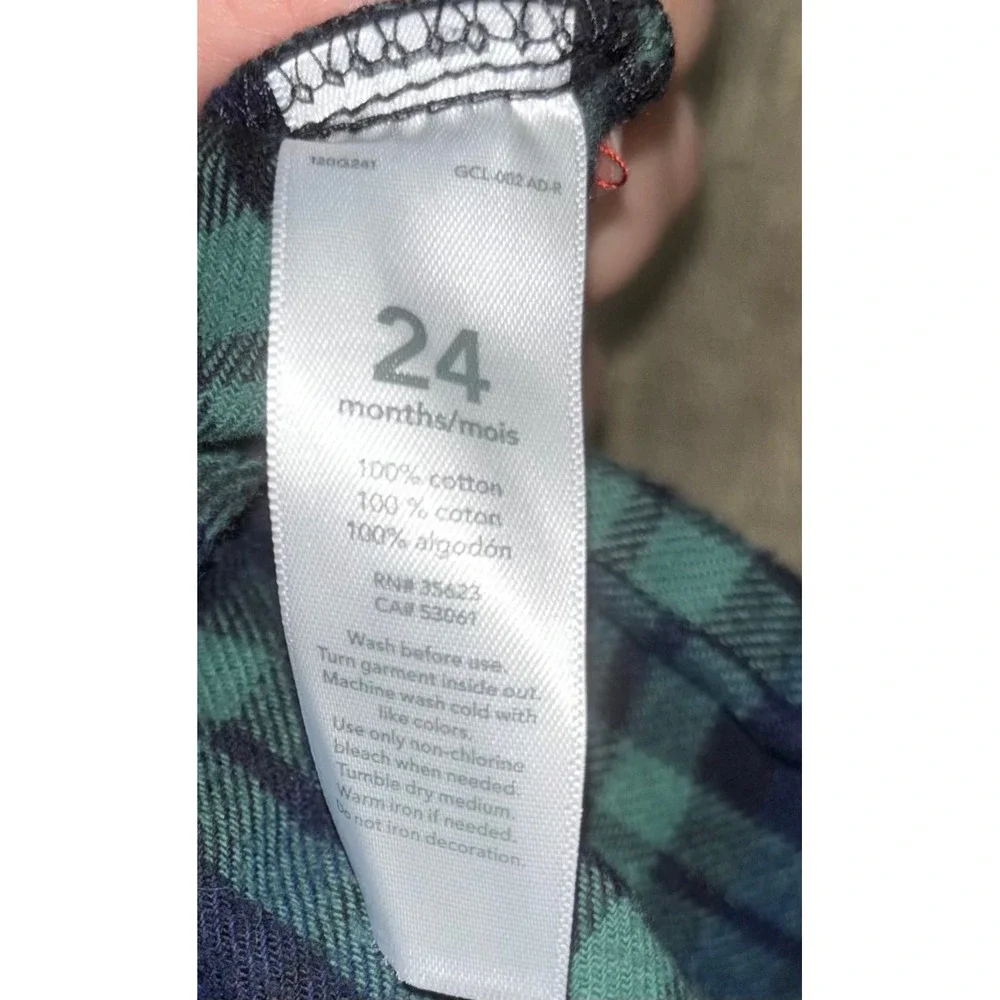 Carters Baby Boys 24M Navy Green Plaid Flannel Long Sleeve Button Front Bodysuit